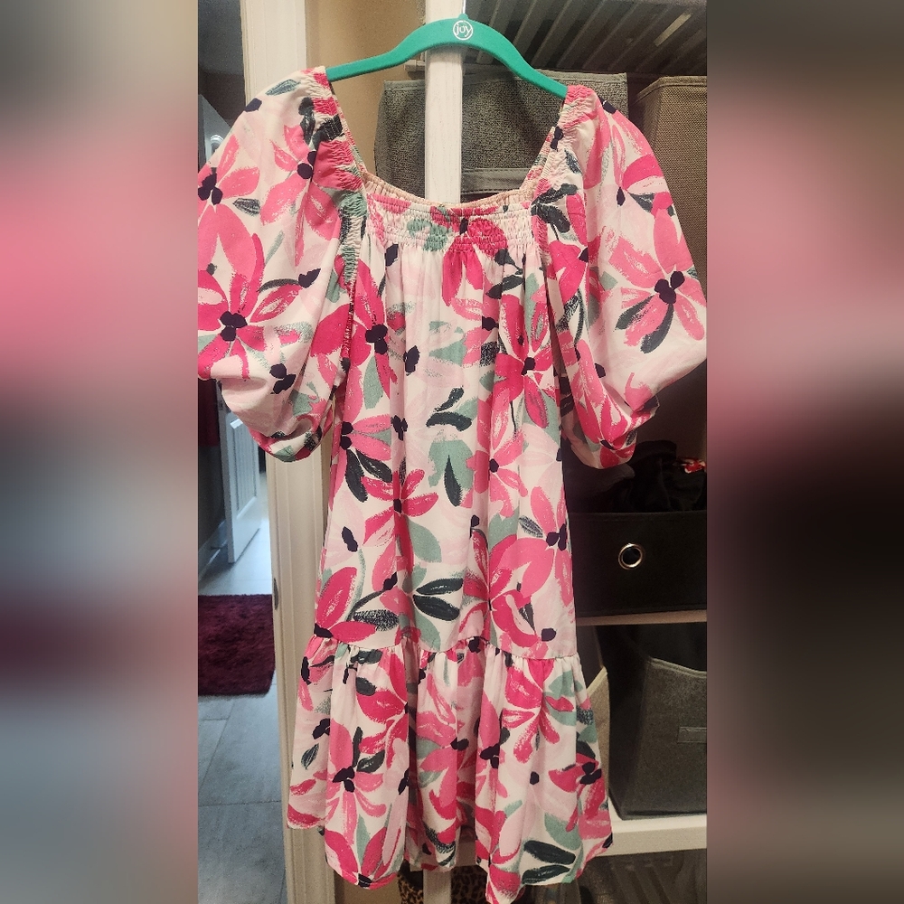 Entro Pink and Green Floral Ruffle Dress